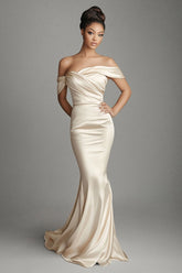 Meerjungfrau Champagner Schulterfreies Satin Langes Ballkleid